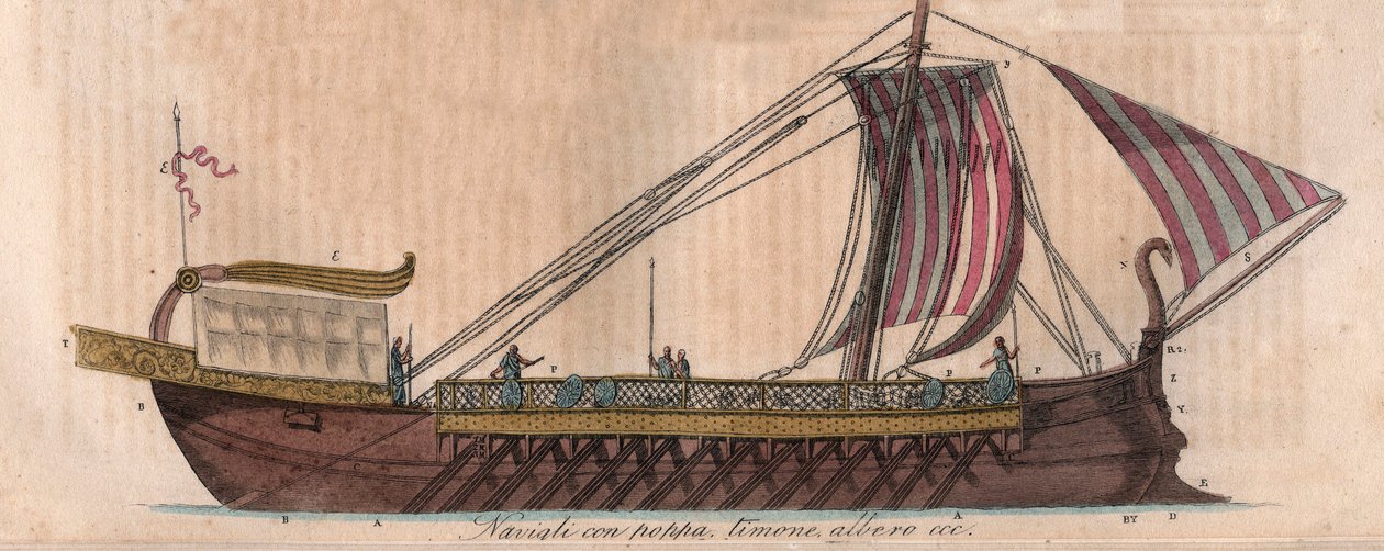 Athensk trirem, 4. århundrede f.Kr. (acrostolium) - Triere ou trireme - indgravering fra "" Skikke og traditioner for alle mennesker i universet. Det er historien om regeringen, lovene, militsen, om religionen i alle nationer fra de fjerneste tider op til af Italian School