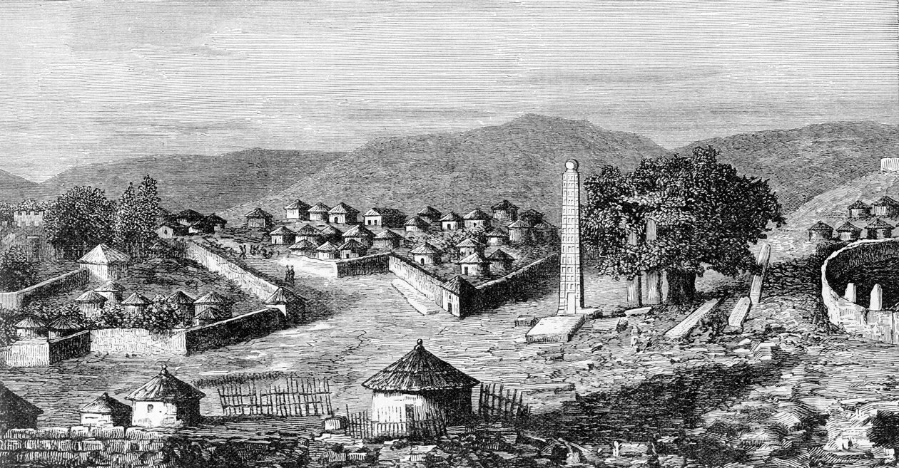 Axoum (Aksoum), Etiopiens religiøse hovedstad, omkring 1850. Fra en tegning af opdagelsesrejsende Gustavo Bianchi. af Italian School
