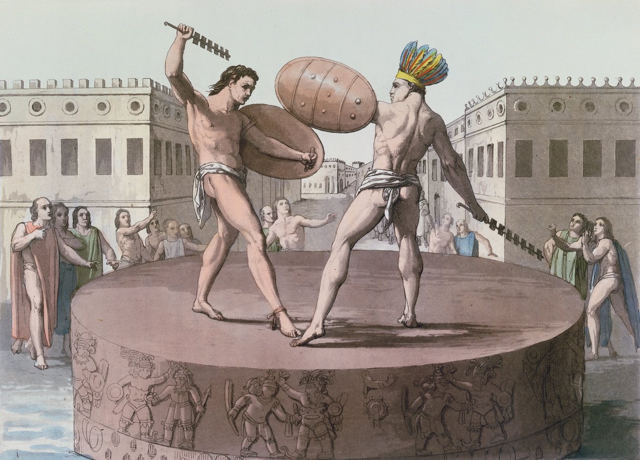 Aztekiske krigere i kamp på en Cuauhxicalli, ca. 1820 af Italian School