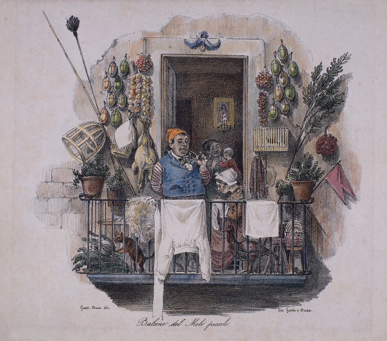 Balkon ved den lille mole i Napoli, Italien, 1800-tallet (litografi) af Italian School