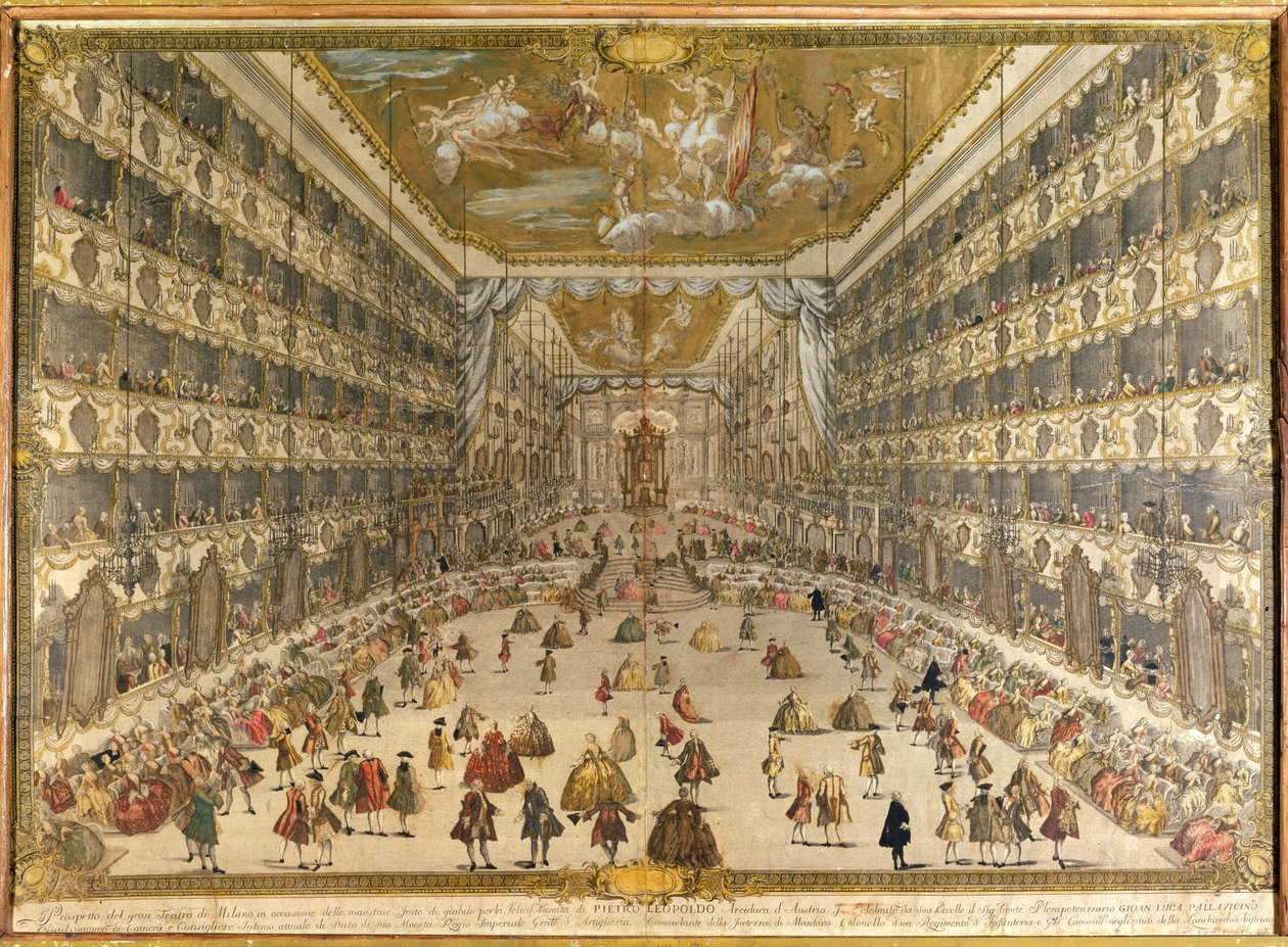 Bal til ære for ærkehertug Pietro Leopoldos fødsel i det hertuglige teater i Milano den 28. maj 1747 (farvegravering) af Italian School