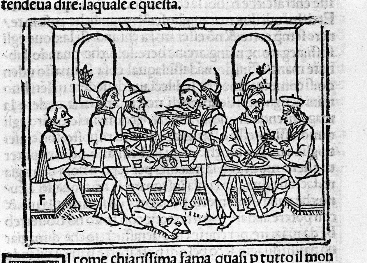 Banketscene i nærværelse af medlemmer af den florentinske adel. Illustration til "Decameron"" af Giovanni Boccaccio dit Jean Boccace (1313-1375), italiensk forfatter. Gravering i "" Decamerone ouer Cento nouelle"" Venedig, Bartolomeo de 