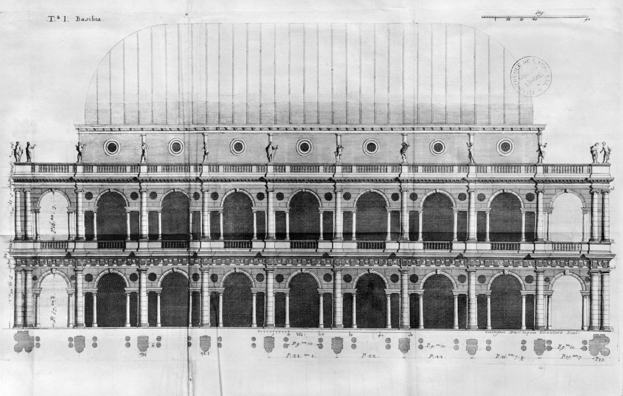 Basilica Palladiana ved Vicenza, designet af Andrea Palladio (1508-80) (e, gravering) af Italian School