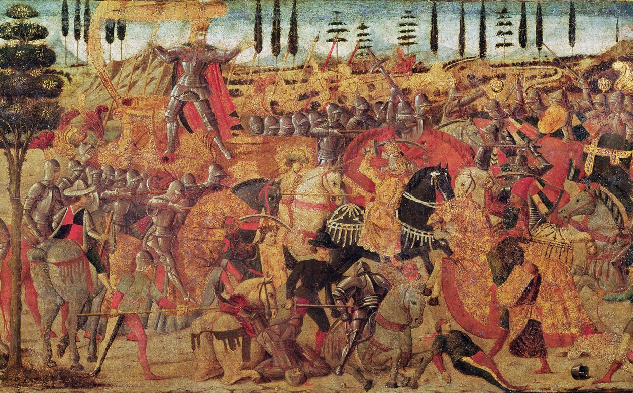 Slaget mellem Darius (399-330 f.Kr.) og Alexander den Store (356-323 f.Kr.) (olie på panel) af Italian School