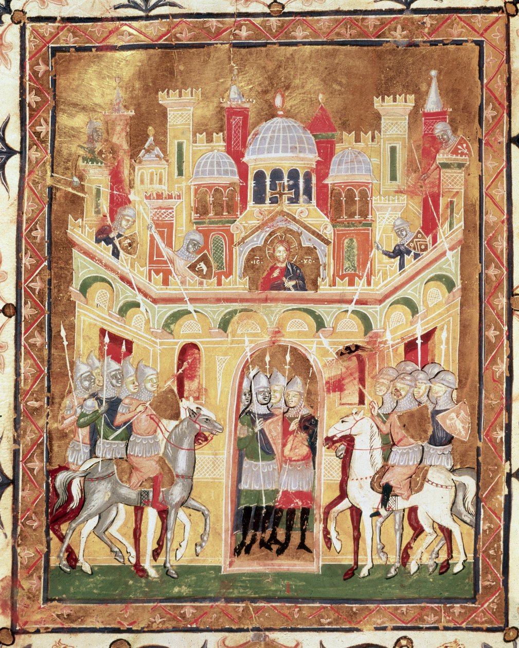 Kampscene ved Jerusalems mure, fra Descriptio Terrae Sanctae af Burcardus Theutonicus eller Burchard of Mount Sion af Italian School