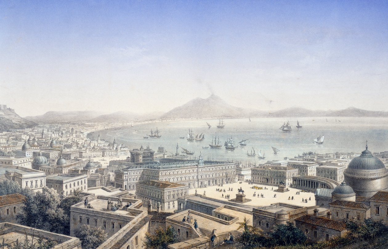 Fugleperspektiv af kongepaladset og Piazza Plebiscito i Napoli, Italien af Italian School