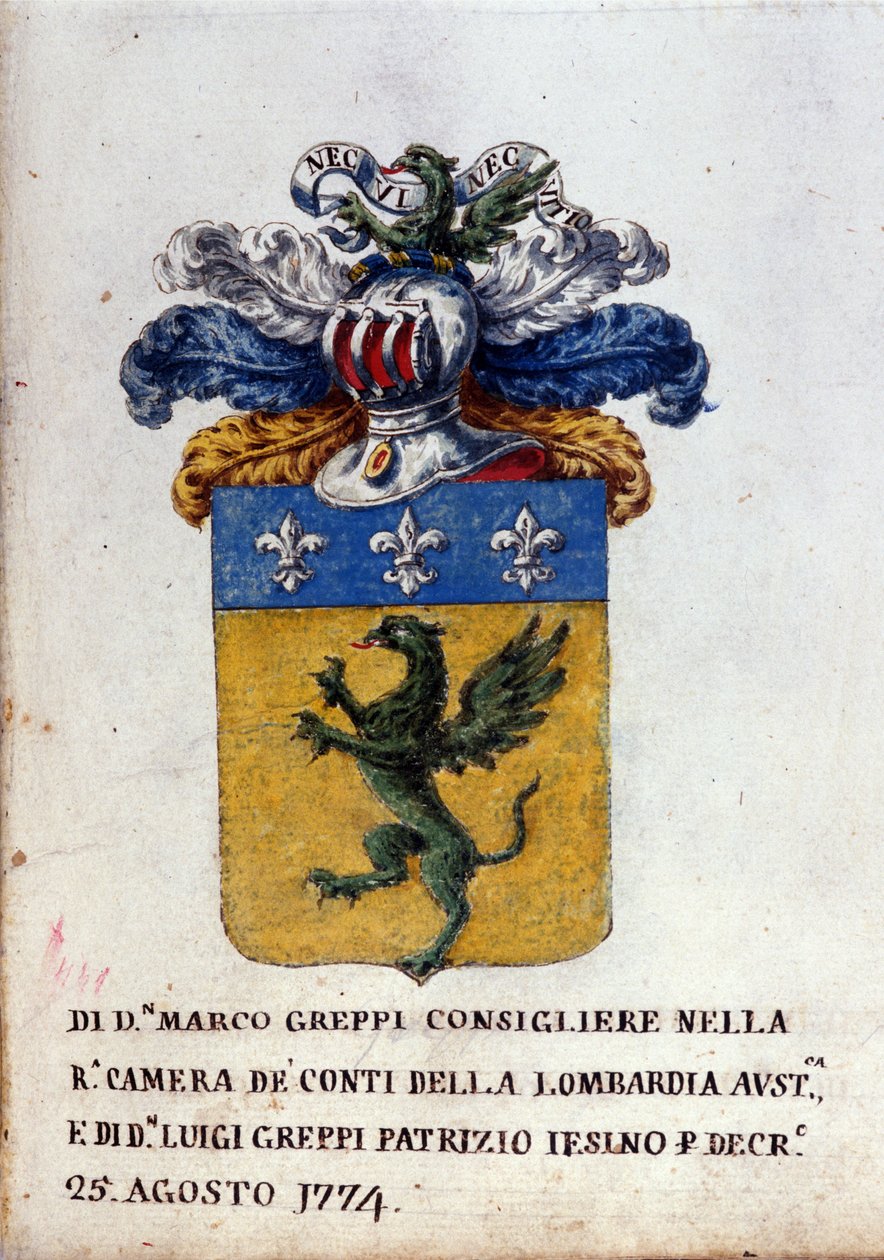 Våbenskjold fra Greppi-familien i Milano, panserhjelm, fleur-de-lis og drage. Milanos statsarkiv fra det 18. århundrede af Italian School