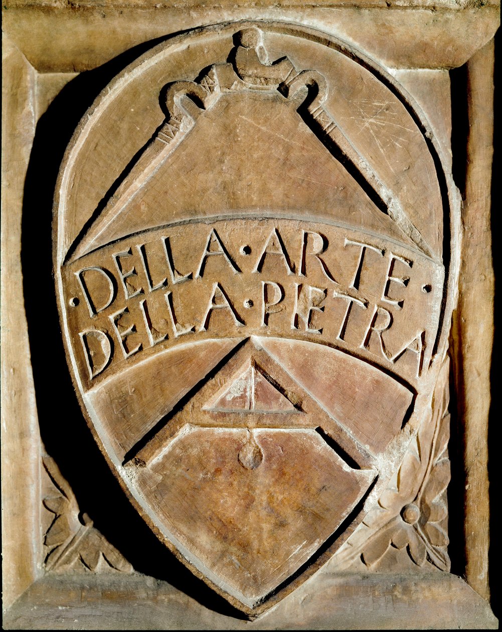 Blazon af menigheden af stenarbejdere. En kompas og en firkant er repræsenteret. 1300-tallets Siena, Biblioteca degli Intronati af Italian School