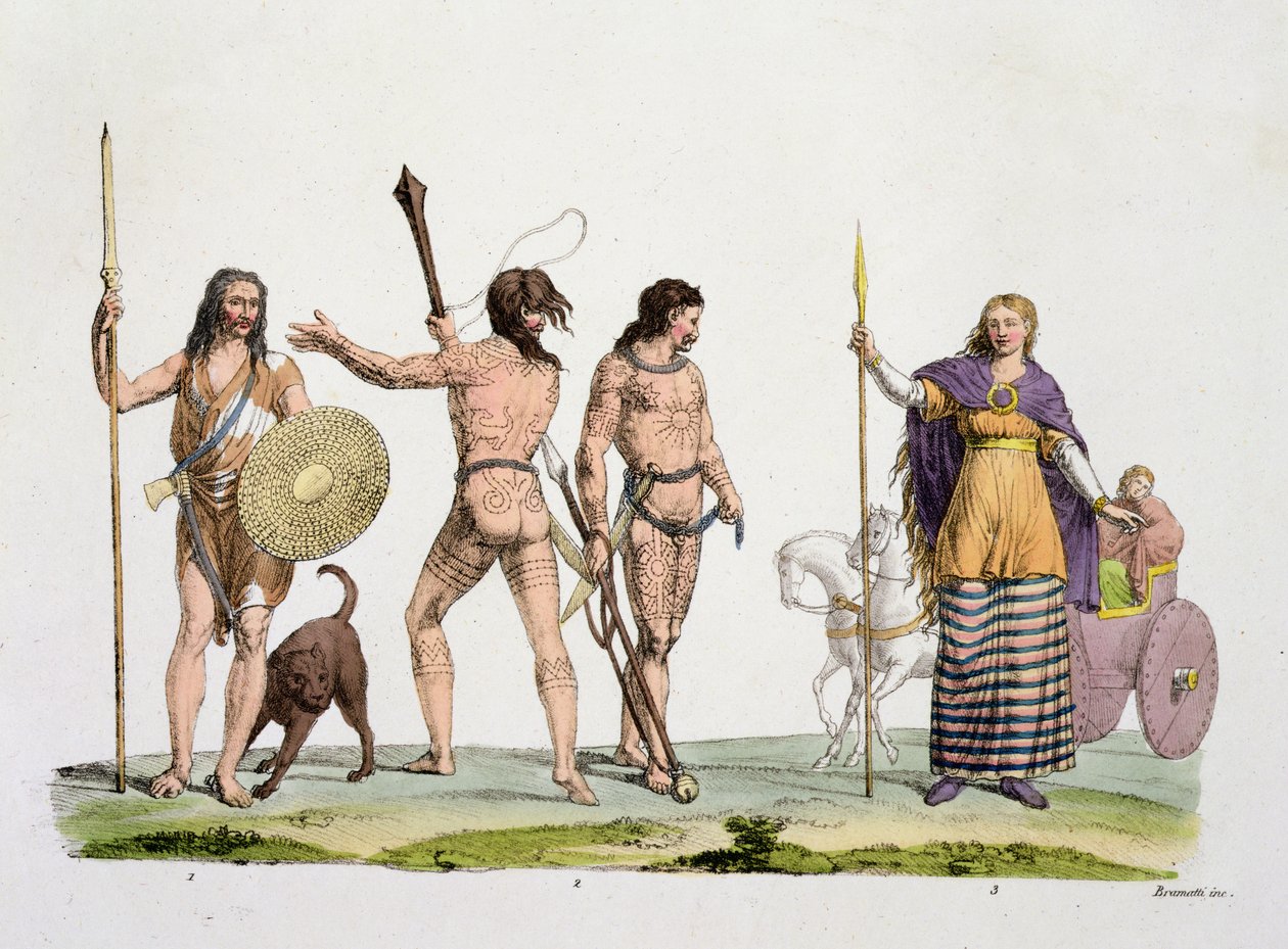 Briter, Caledonians og Queen Boadicea, plade 4 fra The History of the Nations (akvatint) af Italian School