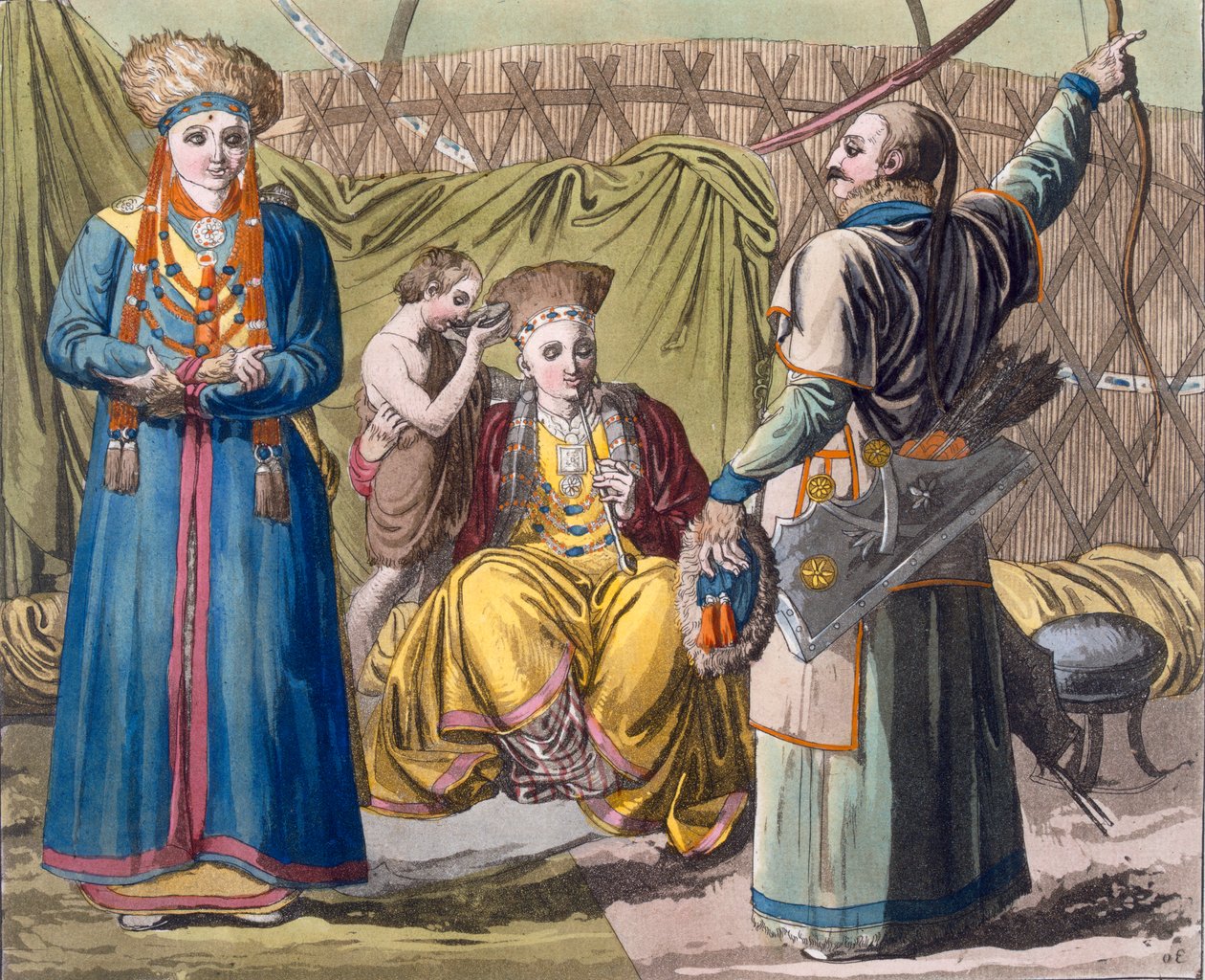 Buryat-familien i et interiør, fra Costume dei... af Giulio Ferrario, ca. 1820