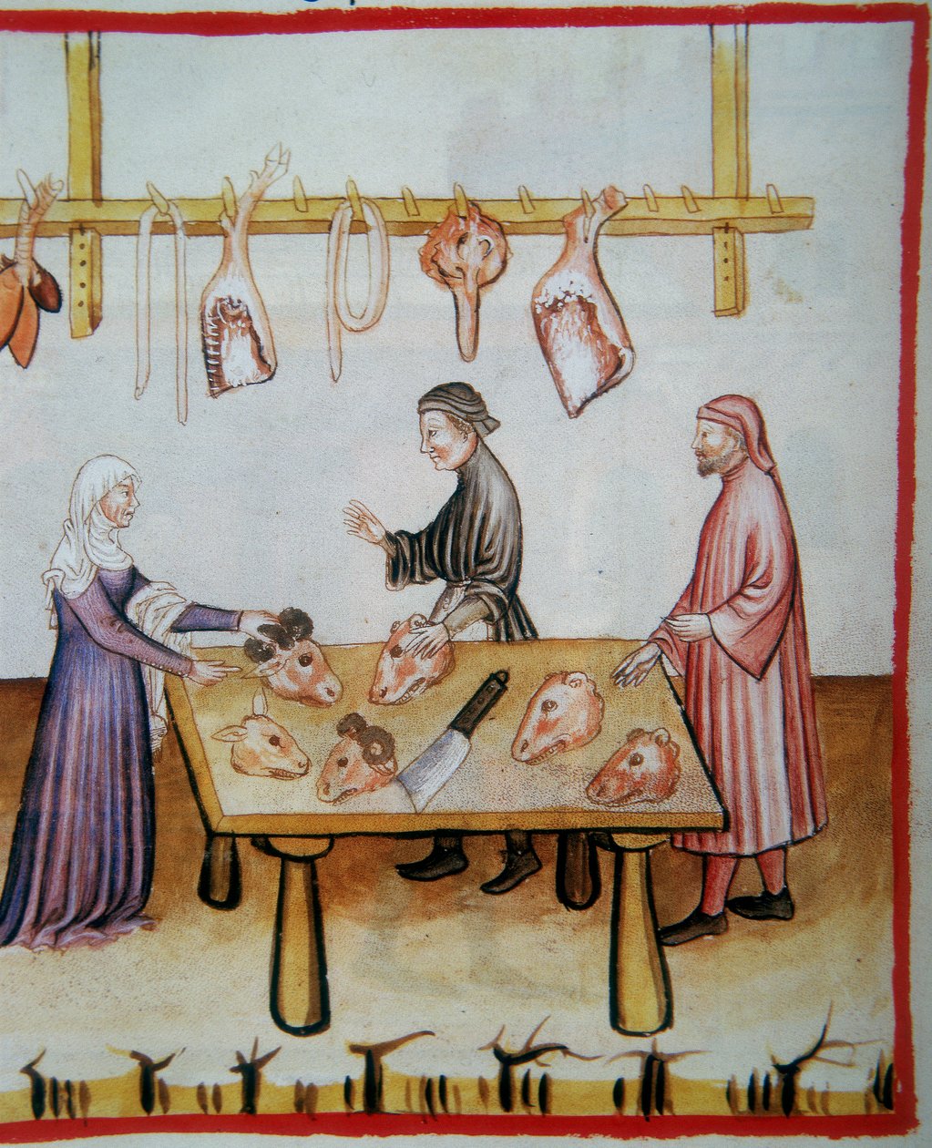 Slagtning af dyrehoveder. Belysning fra Codex Vindobonensis Series Nova 2644 (fol.76v), Tacuinum Sanitatis af Italian School