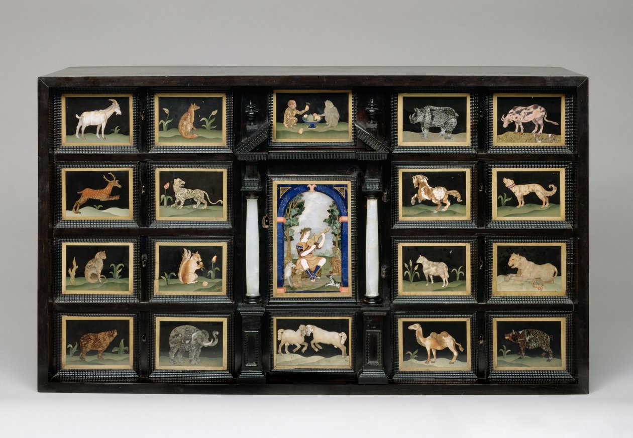 Skab, ca. 1620 (pæretræ, ibenholt, alabast og pietre dure paneler) af Italian School