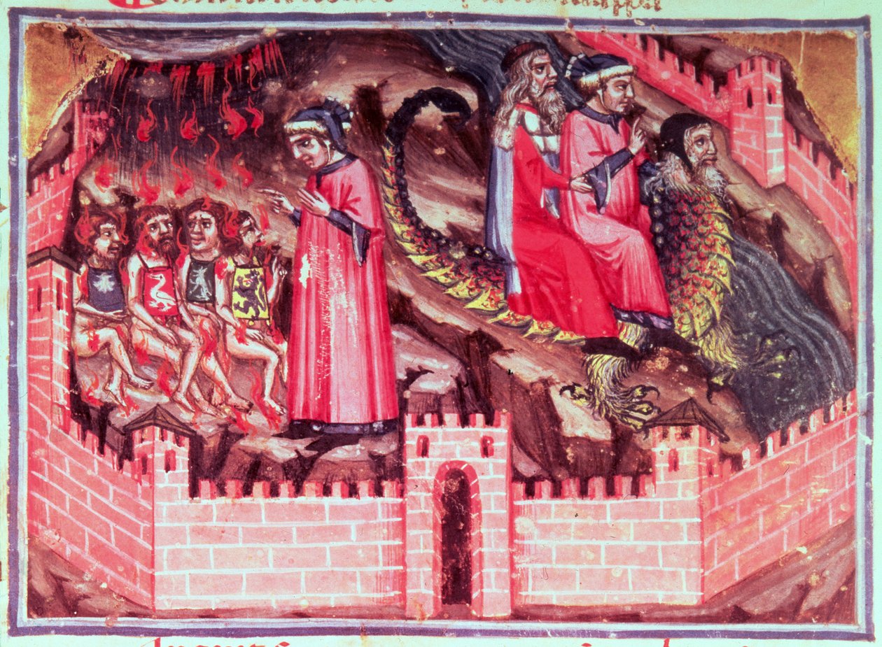 Canto XVII Fire sodomitter: Dante og Vergil rider på ryggen af Geryon ind i svigernes Circle, fra den guddommelige komedie (infernoet), ca. 1313 af Italian School