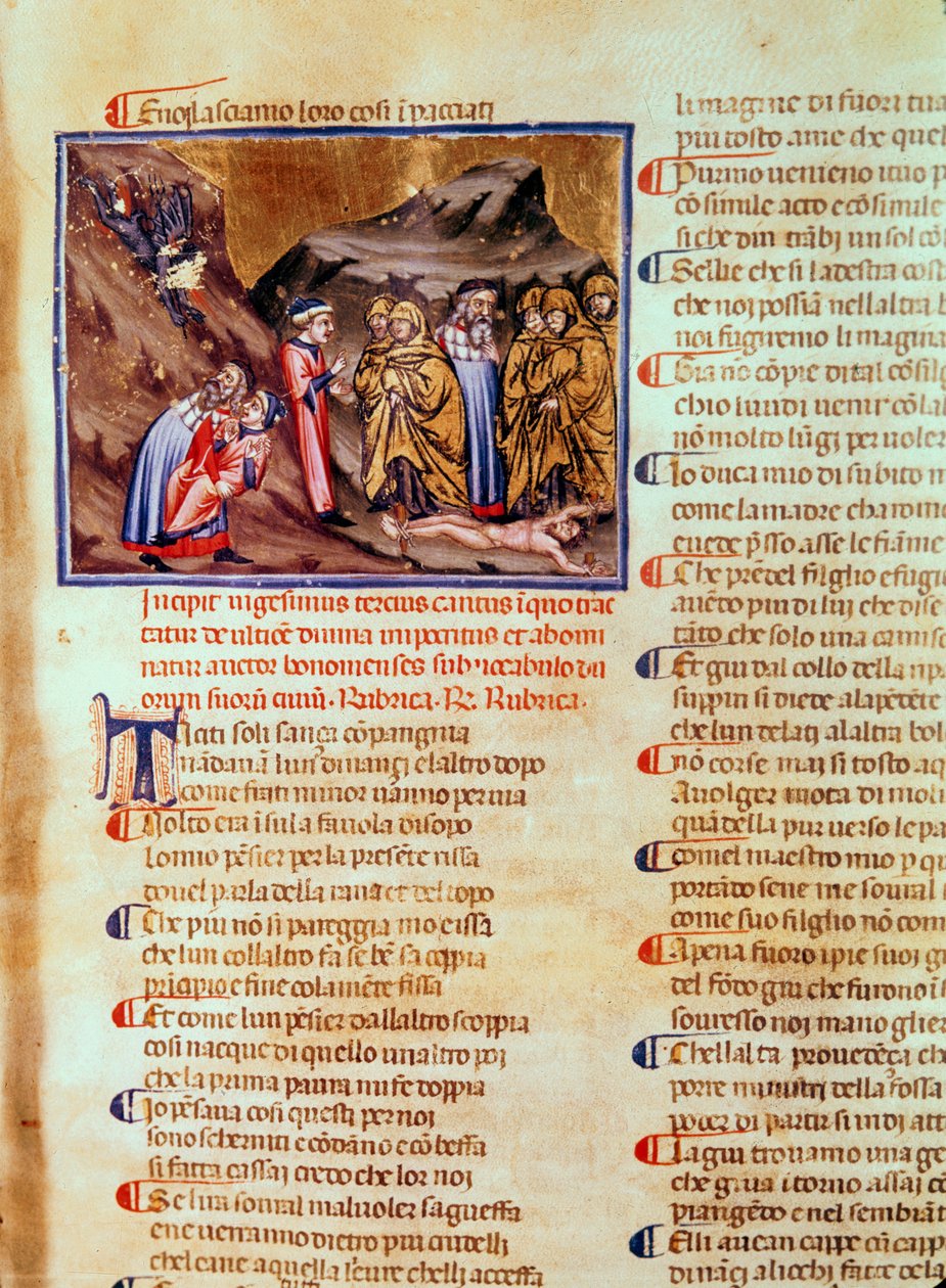 Canto XXIII Dante og Virgil i Hyklernes Cirkel, med Kajfas korsfæstet på jorden, fra den guddommelige komedie (infernoet), ca. 1313 af Italian School