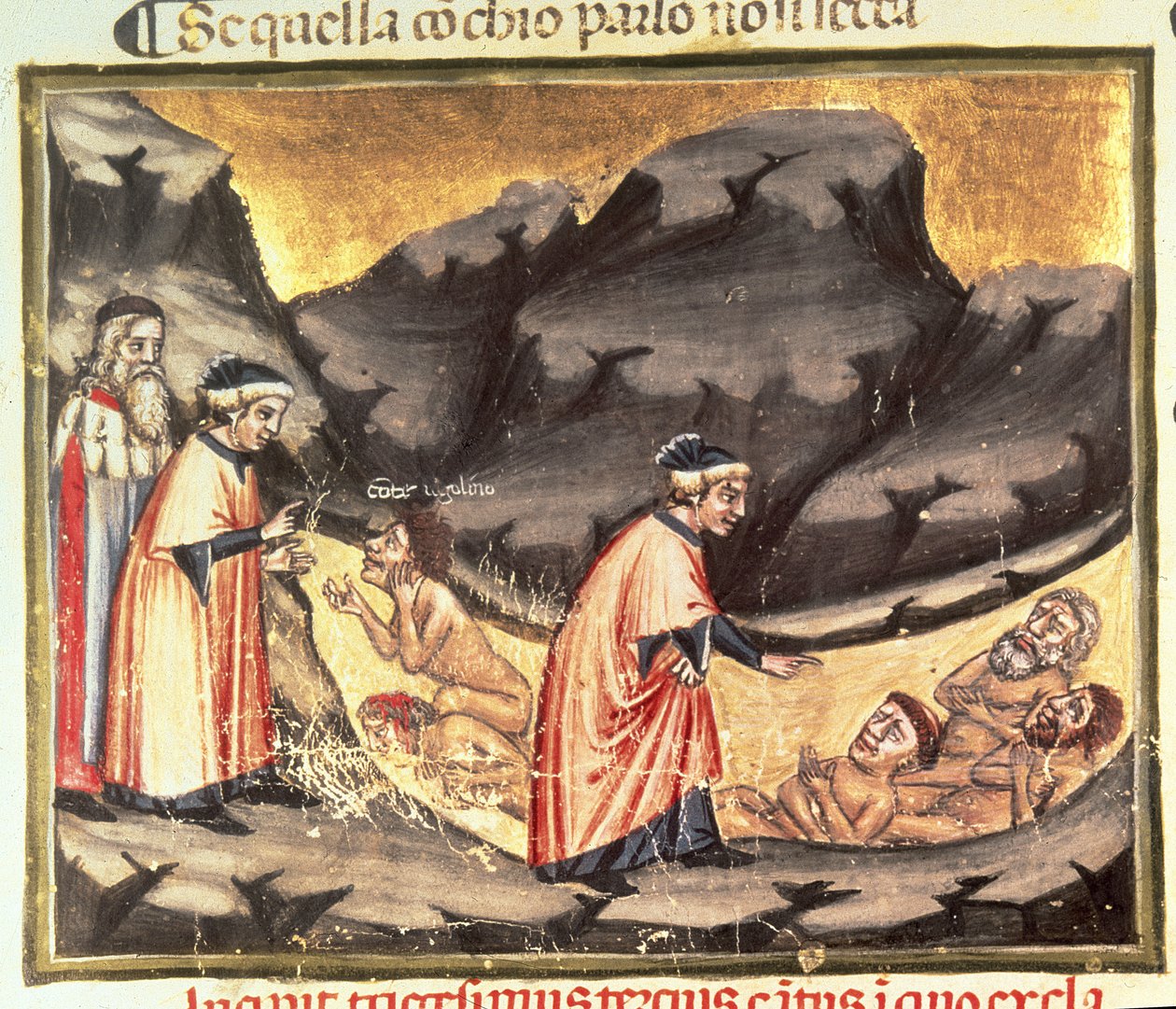 Canto XXXIII Dante og Virgil møder Ugolino i de Forræderiskes Cirkel, fra den guddommelige komedie (infernoet), ca. 1313 af Italian School