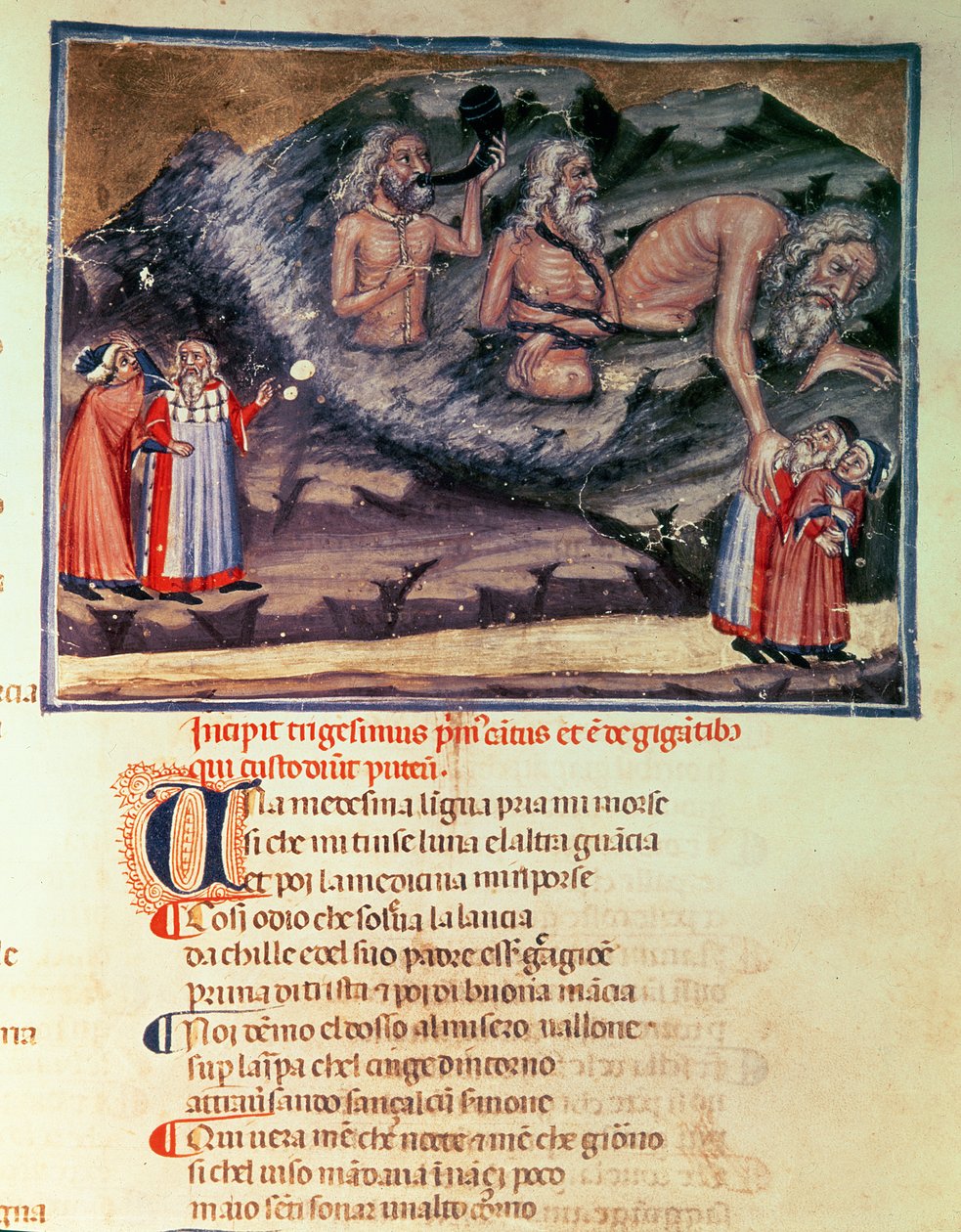 Canto XXXI Dante og Virgil og de tre kæmper i den forsvundne cirkel, fra den guddommelige komedie (infernoet), ca. 1313 af Italian School