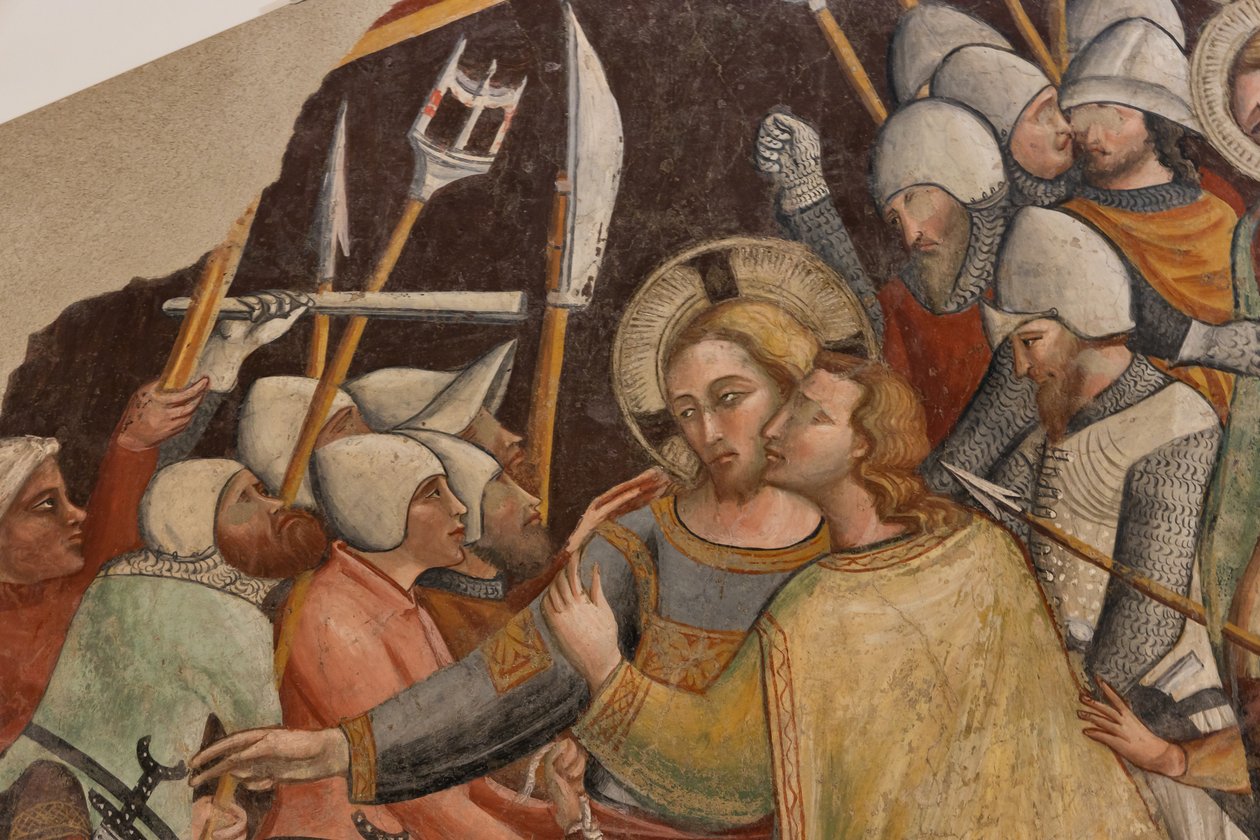 Capture of Christ, af Mester af den højre apsis af St. Francis i Montefalco, fritliggende fresco, slutningen af XIV århundrede af Italian School