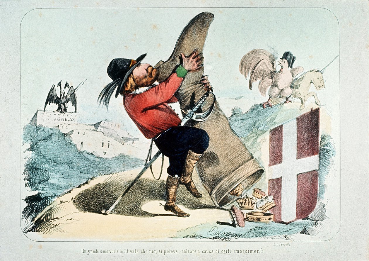 Karikatur af Giuseppe Garibaldi, der tømmer en støvle (Italien) fuld af kroner, af Litografia Perrotta af Italian School