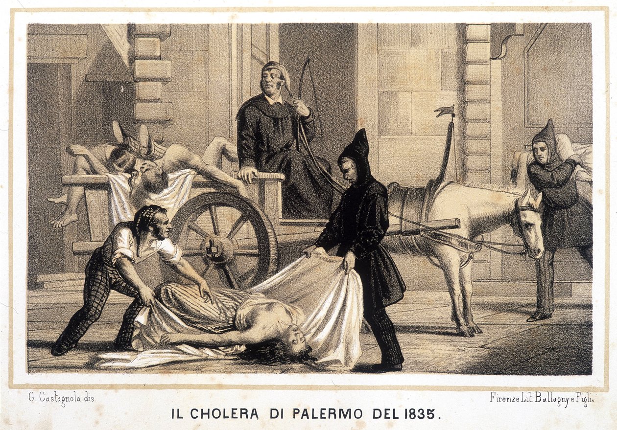 Vogn, der samler de døde op under koleraepidemien i Palermo i 1835. af Italian School