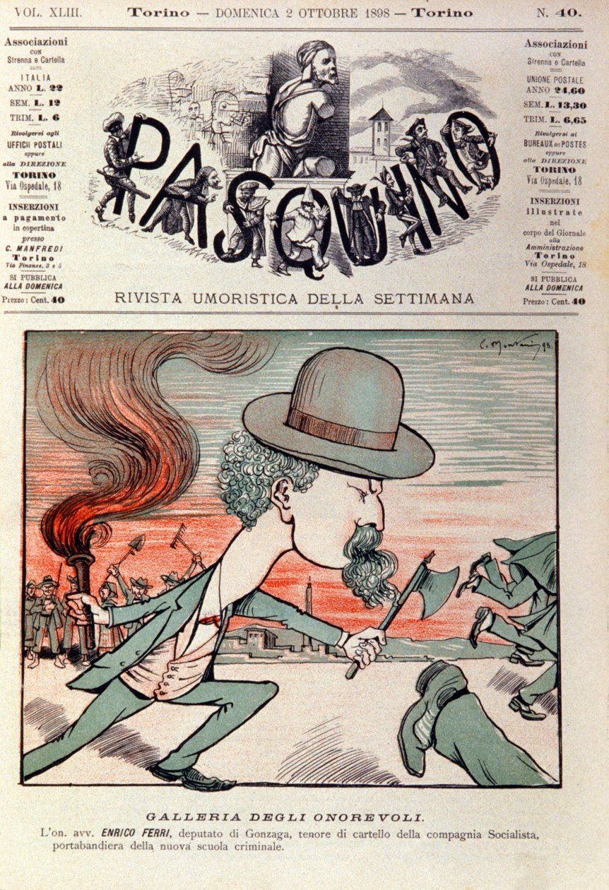 Tegneserieportræt af Enrico Ferri (1856-1929) italiensk kriminolog og politikeraktivist i det italienske socialistparti. Tegnefilm i "" Pasquino"" 2. oktober af Italian School