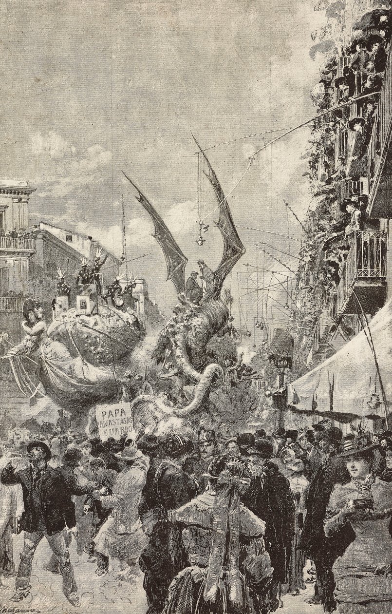 Vogne, der paraderer under karnevalets sidste dag, Napoli, Italien, gravering fra tegning af Matania, fra L