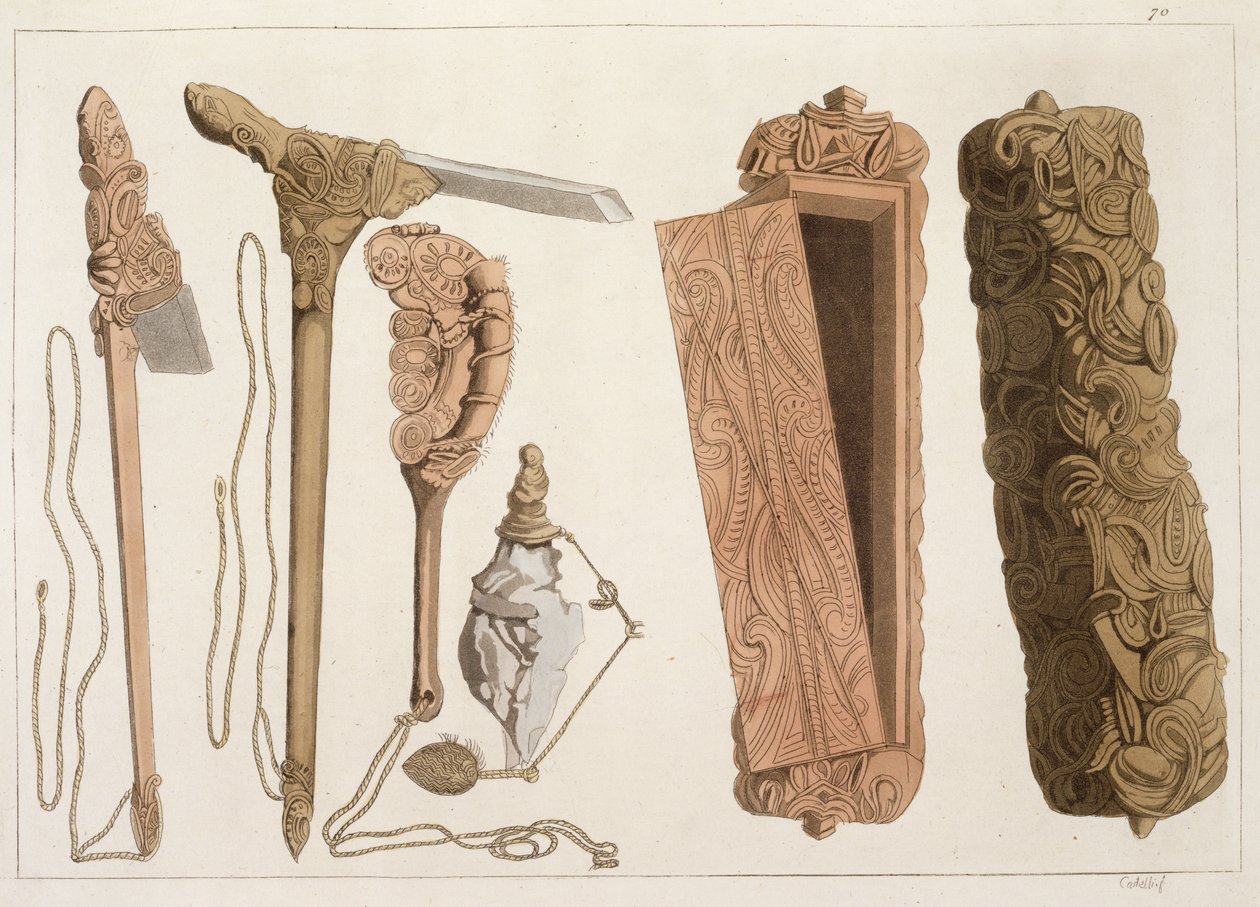 Udskårne og dekorerede aboriginalværktøjer, illustration fra en samling af rejsebøger fra det tidlige 19. århundrede af Italian School