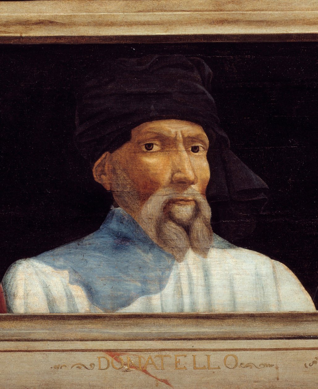 Cassone med 5 portrætter af mesteren fra den florentinske renæssance med portrættet af Donatello (dit), Donato di Niccolo di Betto Bardi (1386-1466). Indskriften nedenfor er sandsynligvis successiv. Musée du Louvre, Paris - Cassone-panel med f af Italian School