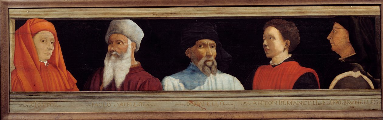 Cassone med 5 portrætter af Mesteren af den florentinske renæssance (fra venstre mod højre Giotto di Bondone, Paolo Uccello, Niccolo Donatello, Antonio Manetti, Filippo Brunelleschi). Italiensk skole i det 16. århundrede. Indskriften nedenfor er sandsynlig af Italian School