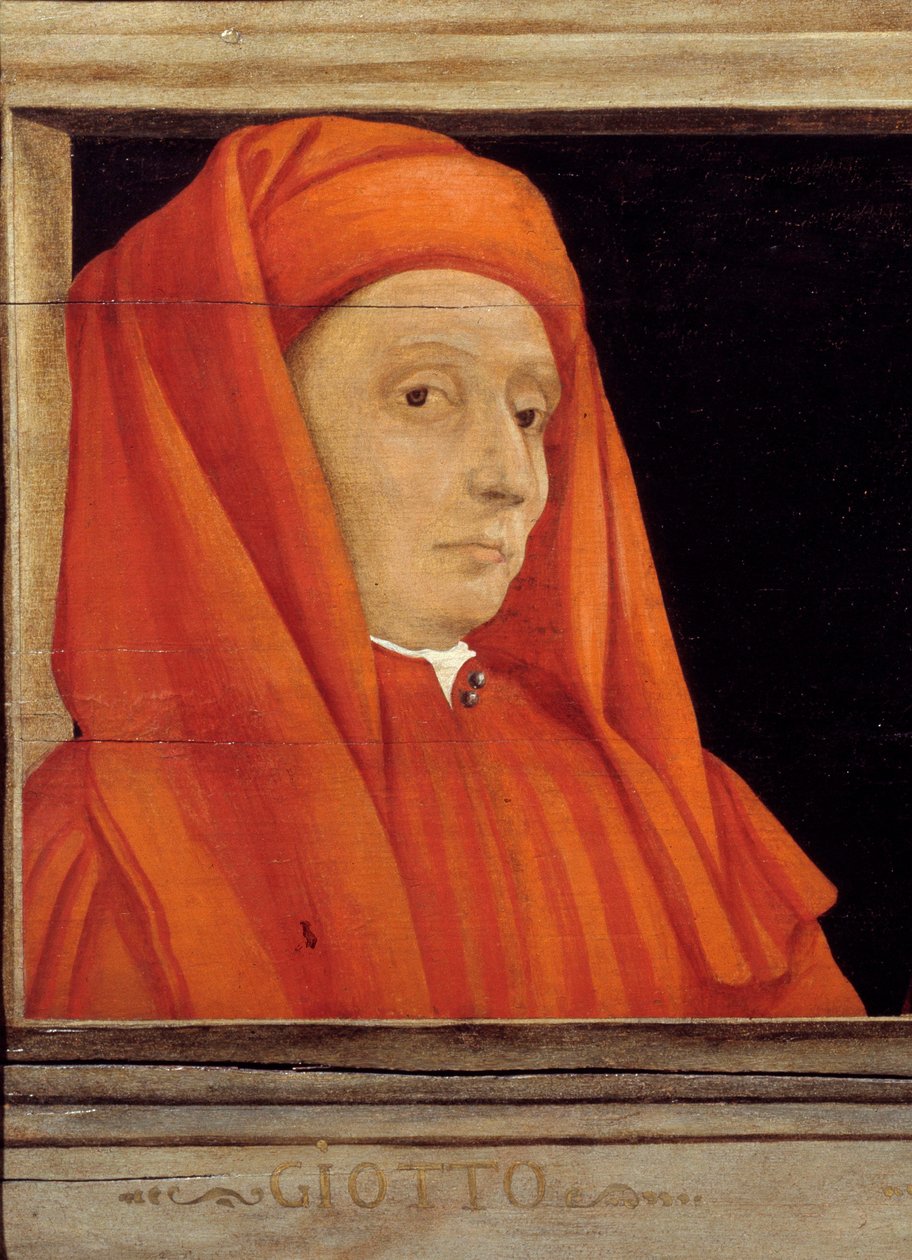 Cassone med 5 portrætter af Mesteren af den florentinske renæssance, detalje med portrættet af Bondone Ambrogio dit Giotto di Bondone (ca. 1267-1337), Italiensk skole i det 16. århundrede, olie på træ. Indskriften nedenfor er sandsynligvis successiv. Musee af Italian School