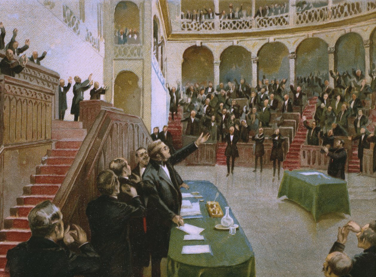 Cavour får det første italienske nationale parlament til at bifalde kong Victor Emmanuel II (1820-78) den 18. februar 1861, illustration fra et album om Risorgimentos historie lavet til chokoladen af Italian School