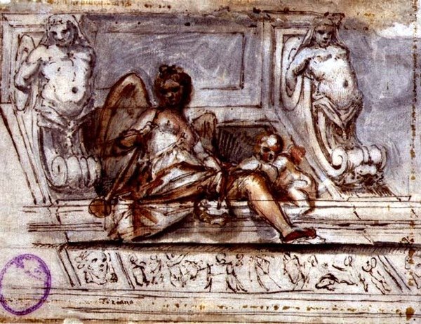 Loftsdesign med Muse of Music, ca. 1700 (pen & blæk med akvarel på papir) af Italian School