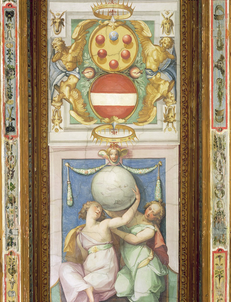 Loftsdekoration, der forestiller to kvindeskikkelser, der bærer en globus: ovenfor er en afbildning af Medici-våbenskjoldet af Italian School