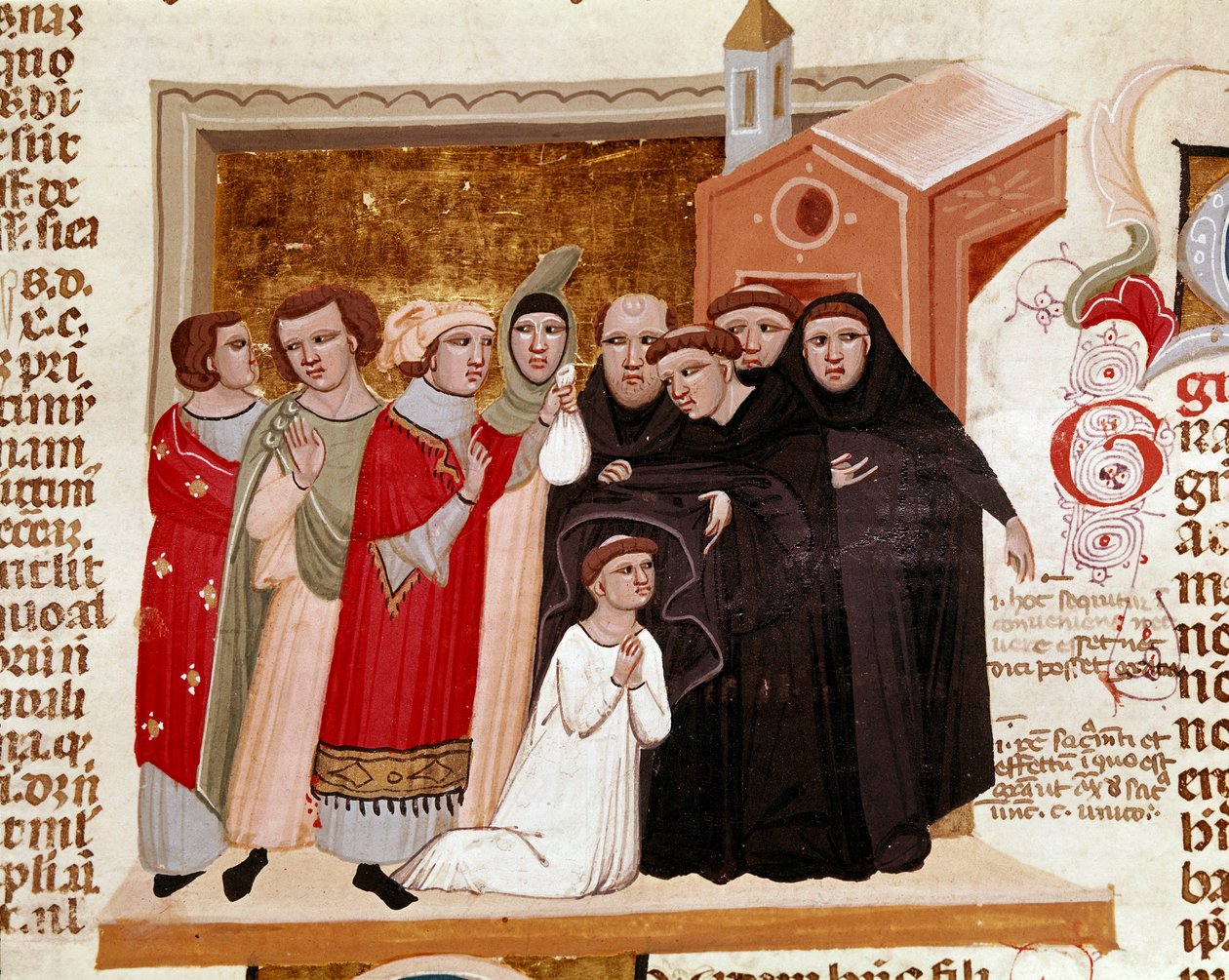 Ceremoni med vane for en miniaturemunk fra "Decret de Gratien"" ("Concordia discordantium canonum" eller "Decretum Gratiani"), der stammer fra 1140 og regulerer den romersk-katolske kirkes love og kanoner. 1300-tallets Siena, Biblioteca degli Intronati af Italian School