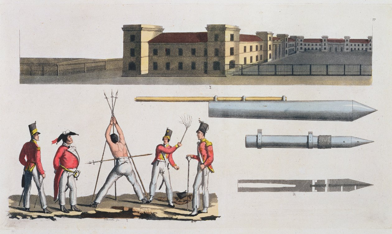 Chatham Barracks, en militær straf kaldet Triangle and Congreve Rockets, plade 17 fra The History of the Nations (akvatint) af Italian School