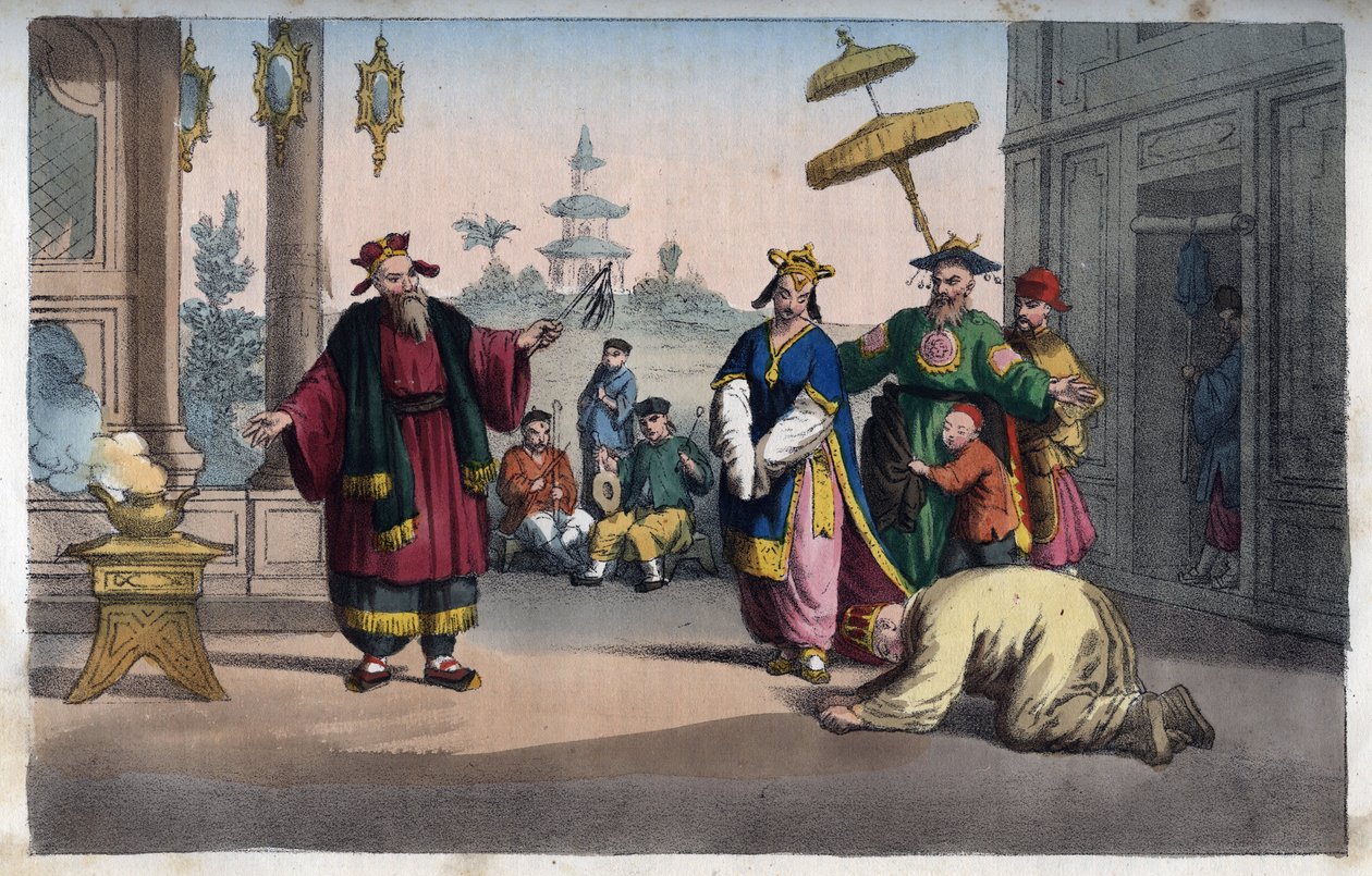 Kina - En teaterforestilling i det fri - indgravering fra "" Skikke og traditioner for alle mennesker i universet. Det vil sige historien om regeringen, lovene, militsen, om alle nationers religion fra de fjerneste tider til i dag "185 af Italian School