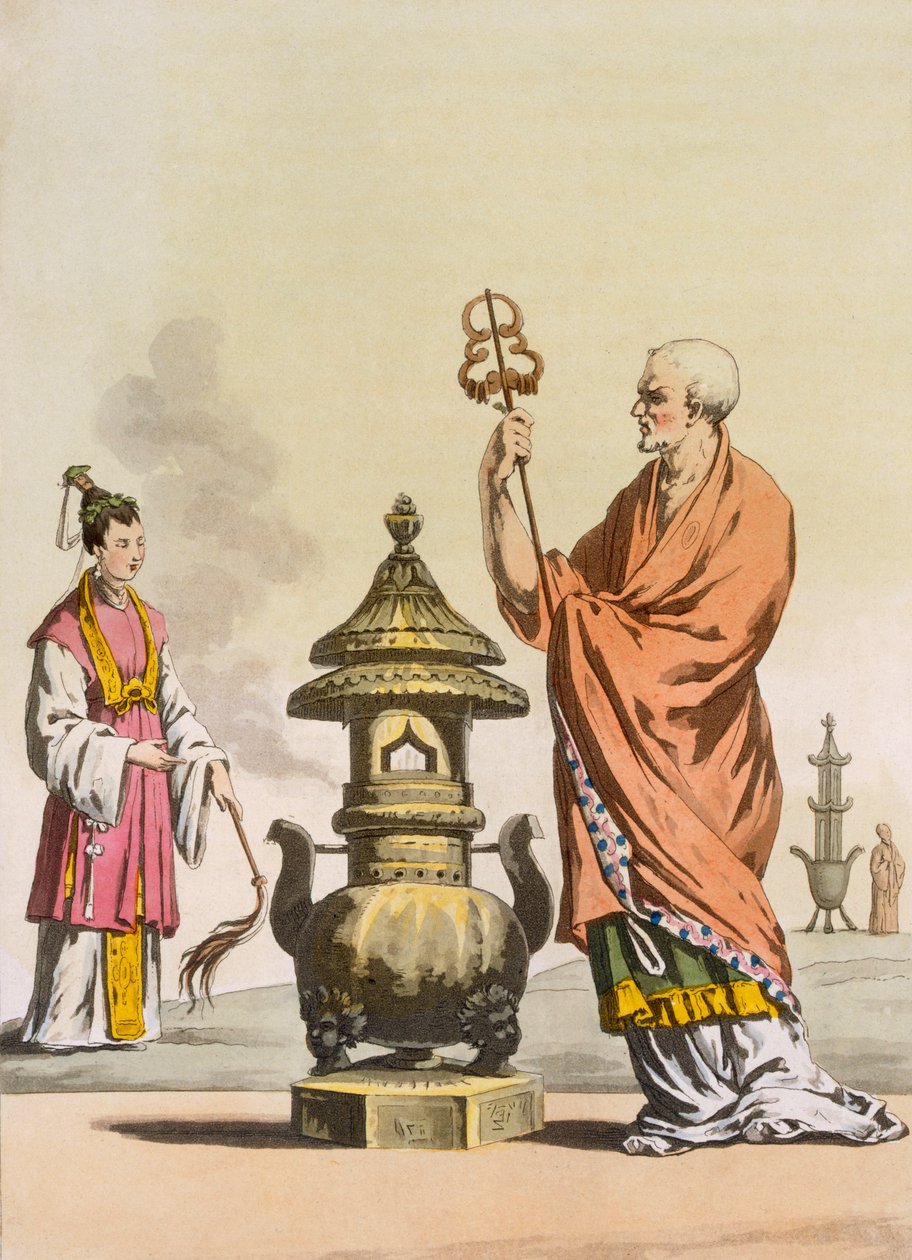 Kinesiske taoistiske religiøse skikke: En bonzo i ceremonielle klæder, c1820-30. af Italian School