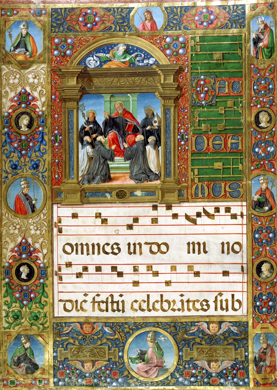 Korminiature med Sankt Benedikt, der prædiker for munke (pigment på vellum) af Italian School