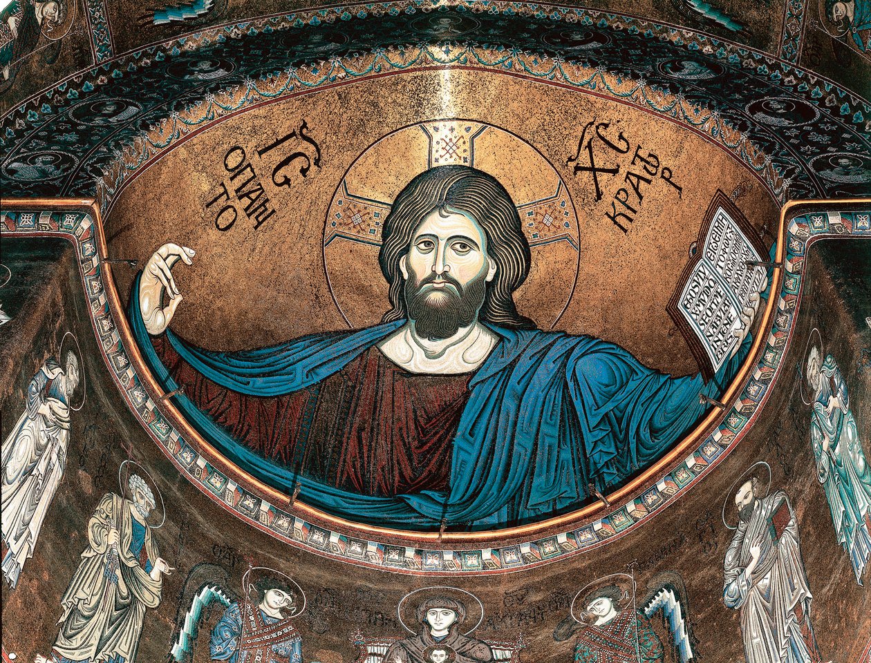 Kristus pantokrator eller Kristus i herlighed, udsmykning af apsis i katedralen i Monreale, Sicilien, Italien af Italian School