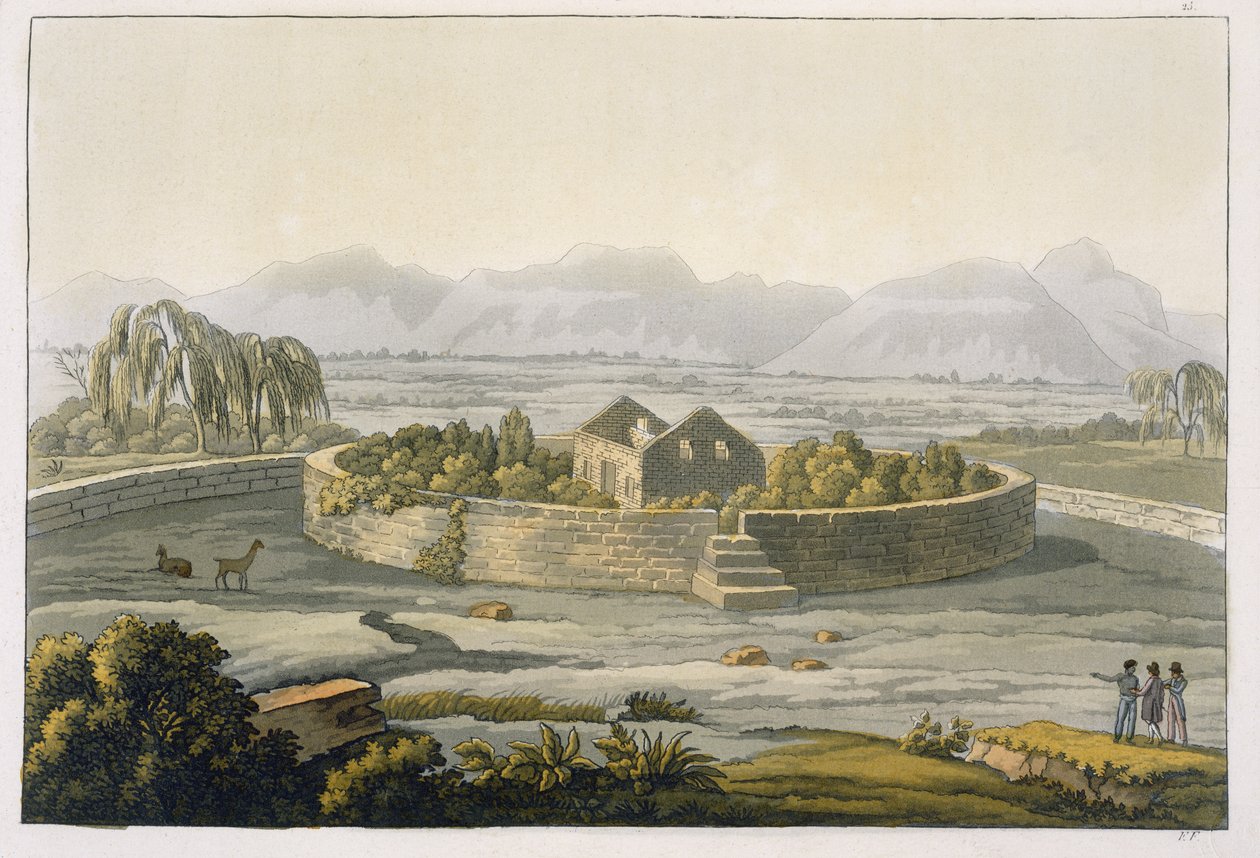 Cirkulær fæstning i Cannar, Peru, fra Le Costume Ancien et Moderne, bind II, plade 1, af Jules Ferrario, udgivet ca. 1820