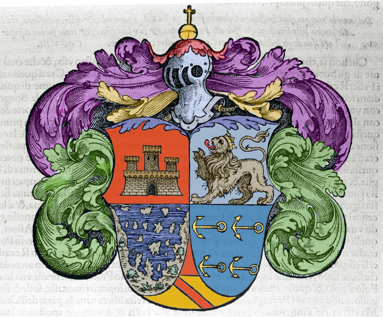 Våbenskjold fra navigatøren Christopher Columbus (1451-1506): de fire dele af ecuen repræsenterer øverst byen Castilla og Leon, under de udækkede øer og admirautens symbolankre. Gravering fra bogen "" Navigationi og Viaggi"" af Italian School