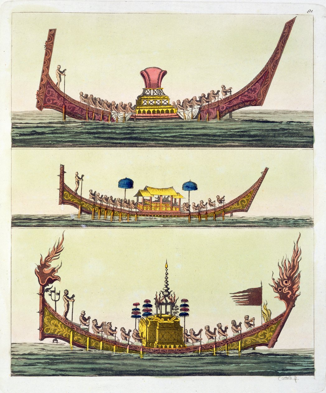 Cochin kinesiske skibe, illustration fra Le Costume Ancien et Moderne af Giulio Ferrario, udgivet ca. 1820