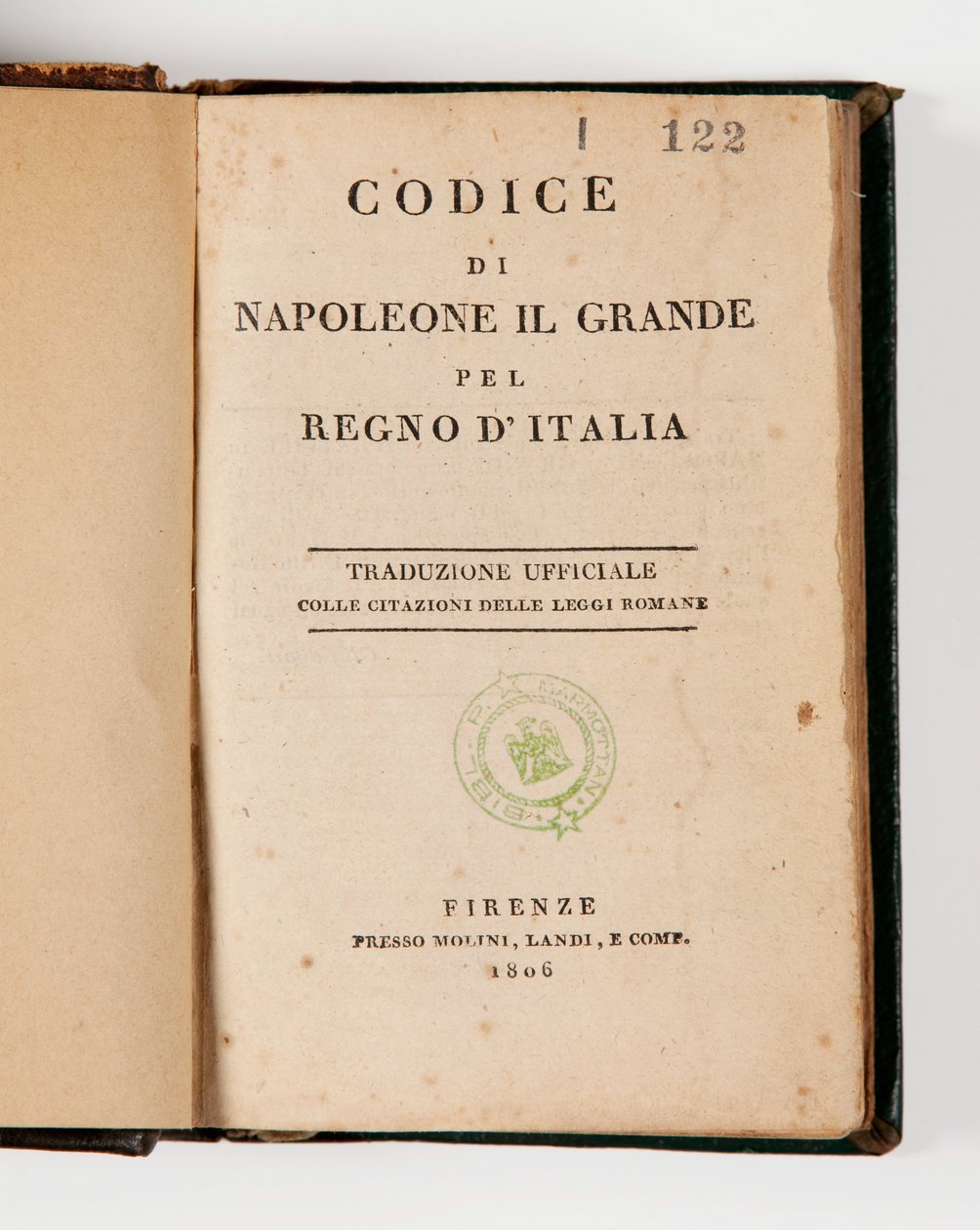Kode for Napoleon den Store for Kongeriget Italien, åben på titelbladet, udgivet Firenze, Molini, Landi et Cie, 1806 (trykt papir) af Italian School