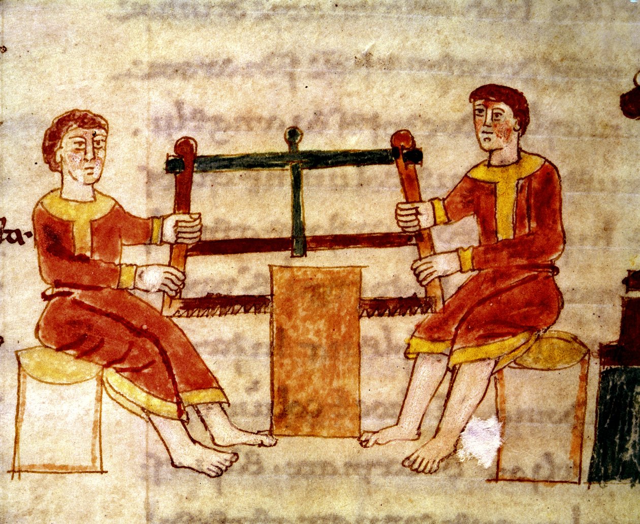 Codex 132 Livre 14 Kap.25 To mænd der saver træ, fra De Universo af Rabanus Maurus (ca. 780-856) 1023 af Italian School
