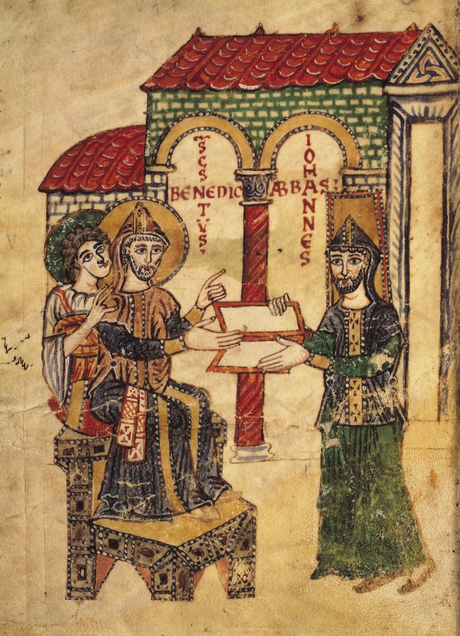 Codex 73 Abbed John tilbyder manuskriptet til St. Benedikt (ca. 480-c. 550), abbed og grundlægger af Montecassino, skrevet af diakon Paul, italiensk, 915, fra Commentary on the monastic rules of St. Ben af Italian School