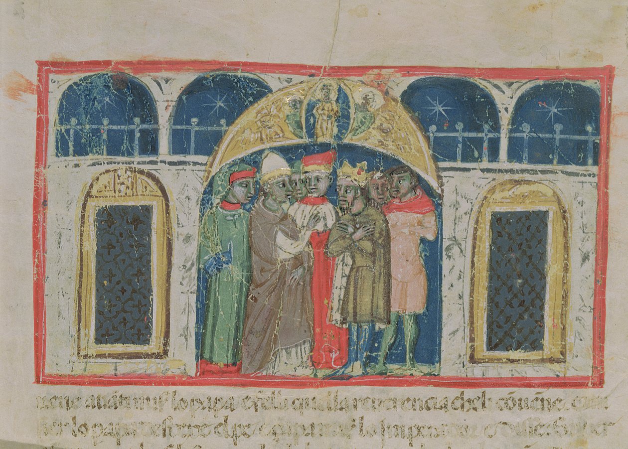 Codex Correr I 383 Freden mellem pave Alexander III (1159-81) og kejser Frederik Barbarossa (ca. 1123-1190) på Markuspladsen (pergament) af Italian School