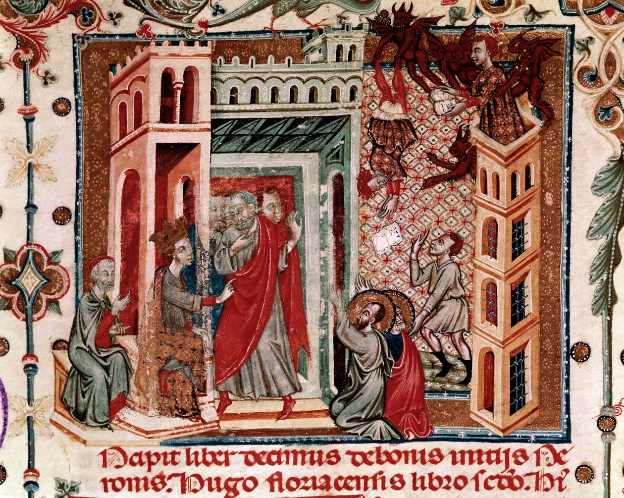 Codices Cavenses, Cod.25 f.181, Simon Magus, the Emperor Nero, and the Apostles, miniature fra Speculum Historiale, Part I, af Vincent de Beauvais, c.1320 (tempera på vellum) af Italian School