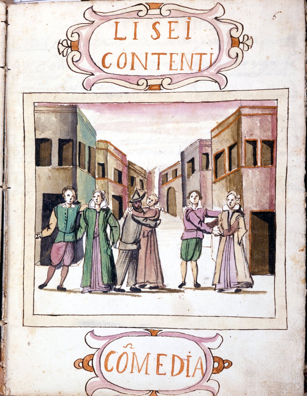 Komedie af Li sei contenti efter manuskriptbindet "Scenarier af de mest udvalgte historier" "(1621 - 1643). Rom, Accademia dei Lincei. af Italian School