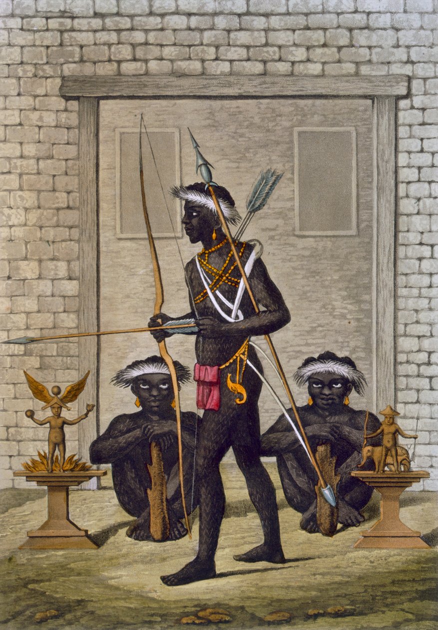 Congo-stammer og fetichfigurer bevogter Sabas eller suverænens palads, ca. 1820