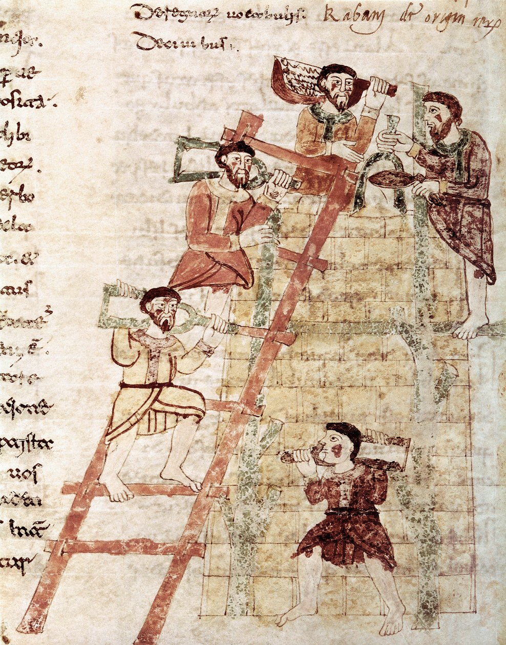 Konstruktion af et tårn, miniature taget fra manuskriptet "De Universo" Bog 16 Kap. 1 af Maurus Rabanus, 9. århundrede af Italian School