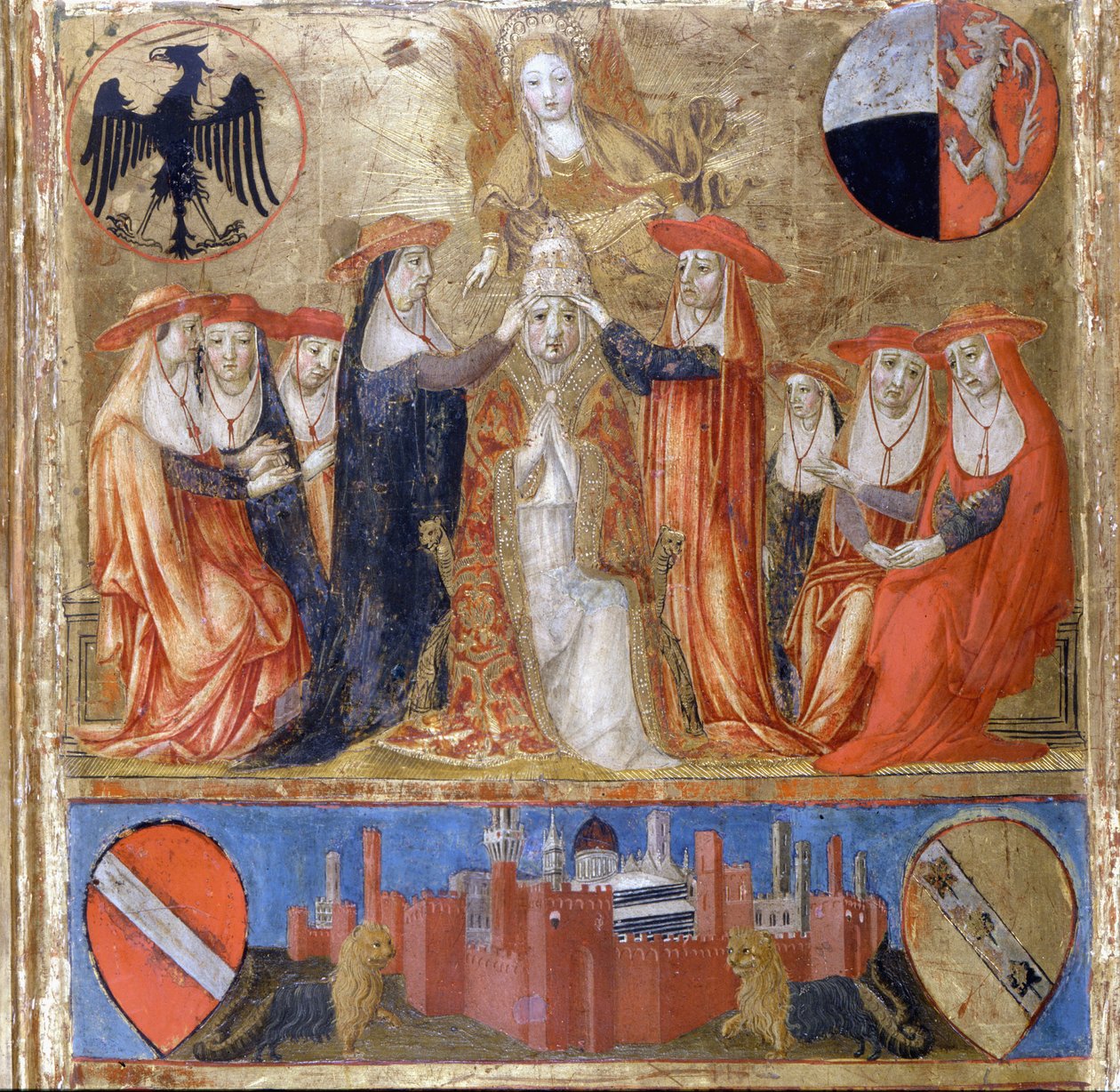 Kroningen af Pius II (Enea Silvio Piccolomini) (1405 til 1464). Italiensk pave (1458 - 1464). Nedenunder ligger den befæstede by Siena. Bicherna (omslag af regnskabsregisteret for byen Siena) fra 1460. Nationalarkiv - Museo delle Tavolette de B af Italian School